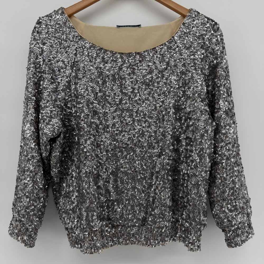 Alice + Olivia Silver Sequin Silk Lined Raglan Top Holiday Party Blouse